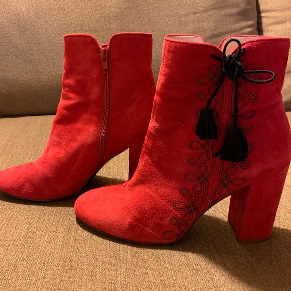 kate spade Shoes - Kate Spade Red Suede Embroidered Ankle Boot 8.5